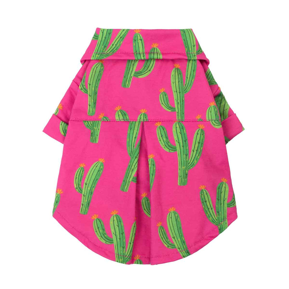 Back view of cactus print dog shirt showing snap buttons and belly opening