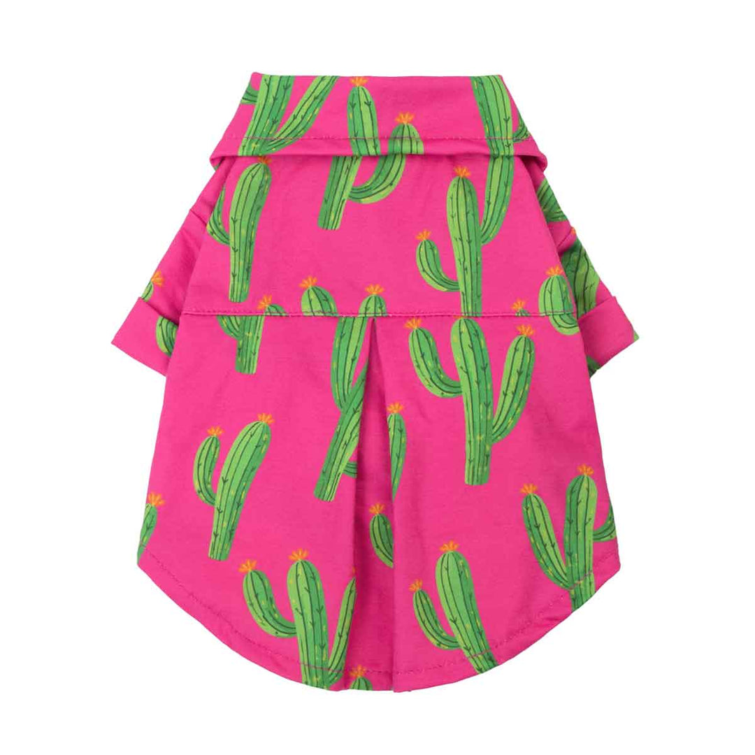 Back view of cactus print dog shirt showing snap buttons and belly opening