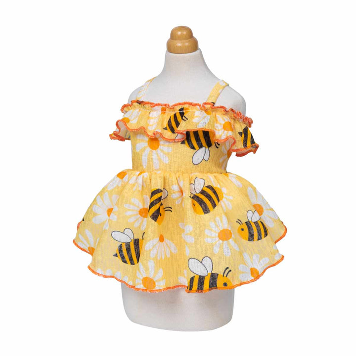 Ruffle summer dress for dogs with bee and flower prints