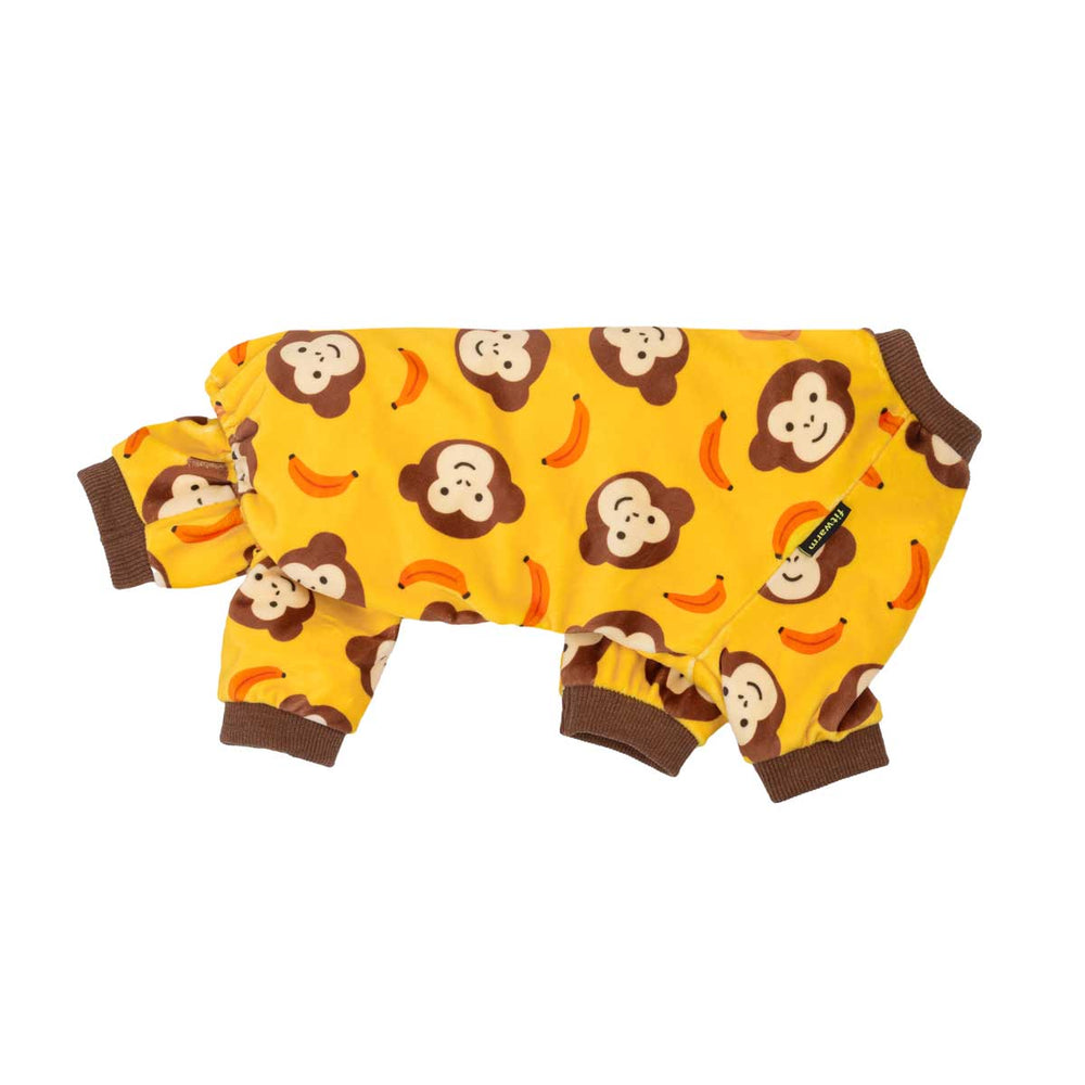 Side view of cozy pajamas for dogs in monkey and banana prints