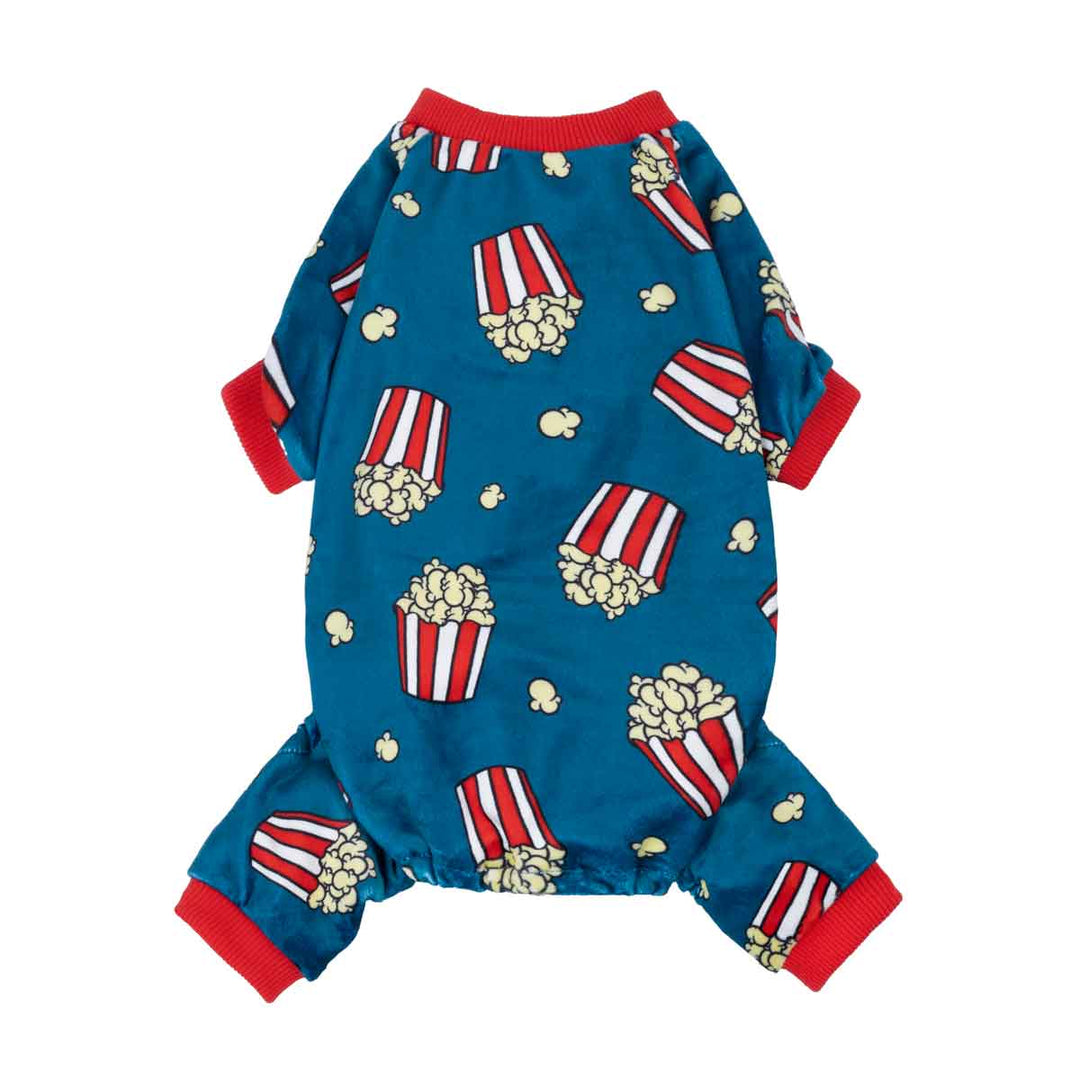 Popcorn dog pajamas in blue with red trim, fleece bodysuit for small dogs