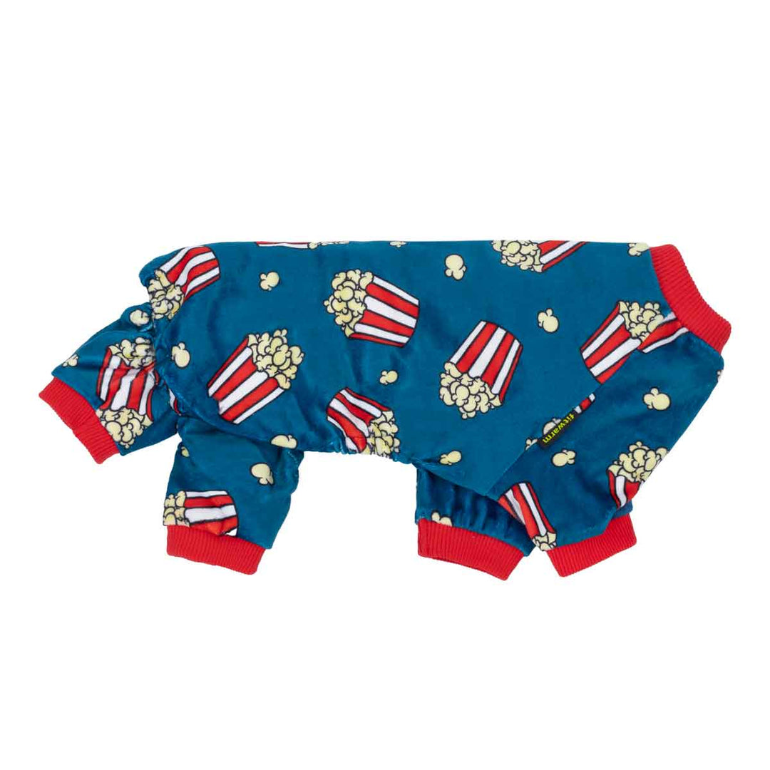 Blue popcorn dog pajamas with red trim, fleece body suit for small dogs, comfy dog clothes