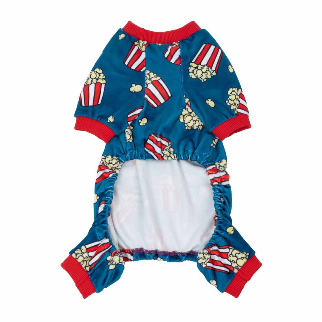 Blue popcorn dog pajamas with red trim, fleece body suit for small dogs, ideal for chilly evenings, comfortable dog clothes