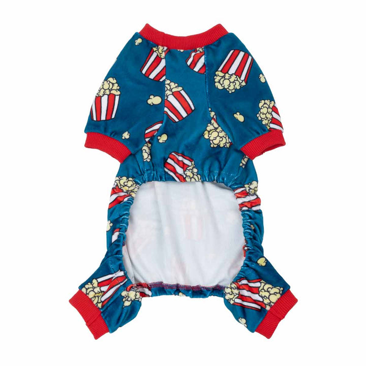 Blue popcorn dog pajamas with red trim, fleece body suit for small dogs, ideal for chilly evenings, comfortable dog clothes