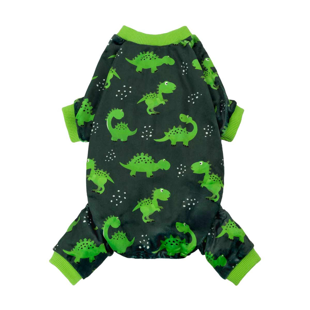 Gray dog pajamas with gray dinosaur print. Soft stretchy onesie with green cuffs and neck for small pets.