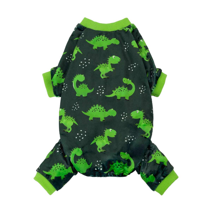 Gray dog pajamas with gray dinosaur print. Soft stretchy onesie with green cuffs and neck for small pets.