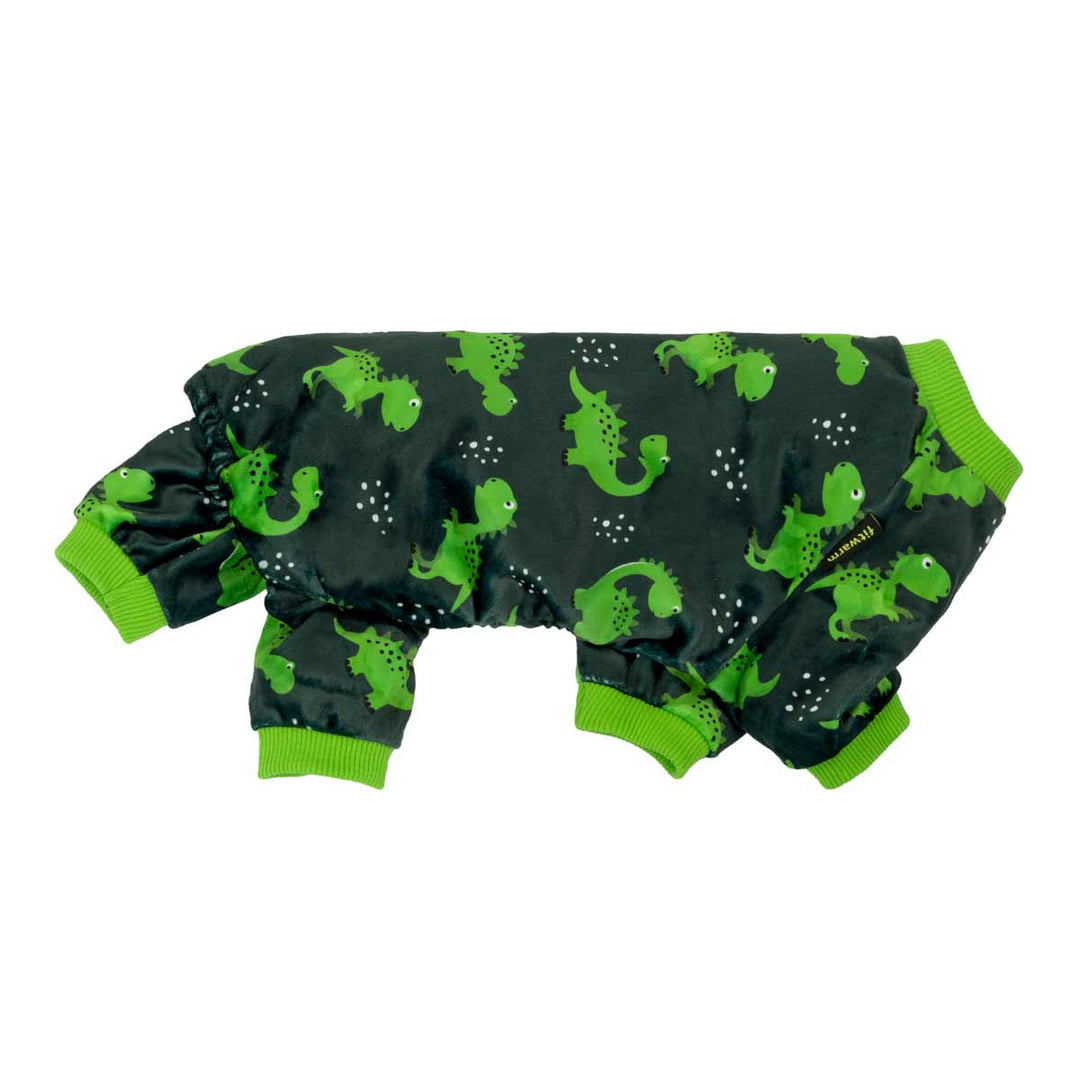 Green dinosaur print dog pajamas with ribbed green cuffs and neckline.