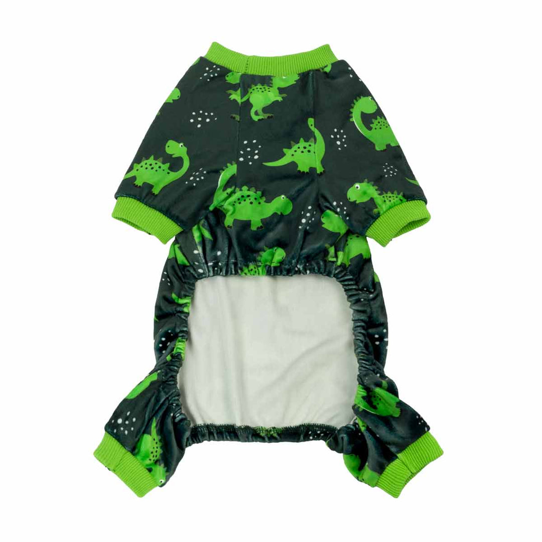 Gray dog pajamas with green dinosaur print, round neck, and cuffs.
