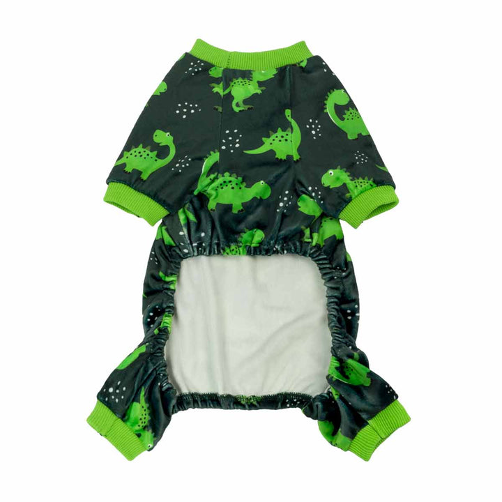 Gray dog pajamas with green dinosaur print, round neck, and cuffs.
