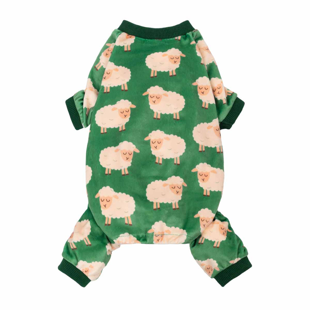 Soft green dog pajamas with white sheep prints, a cozy polyester spandex onesie for small pets.