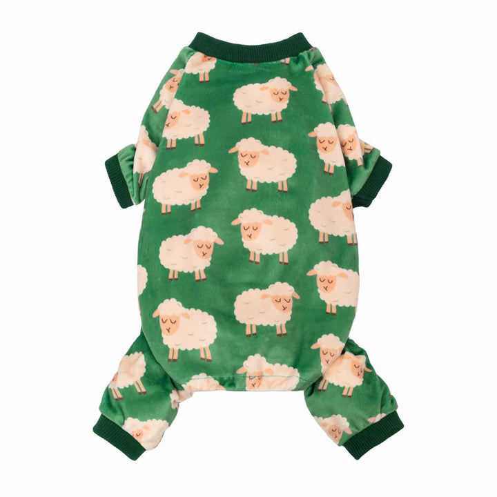 Soft green dog pajamas with white sheep prints, a cozy polyester spandex onesie for small pets.