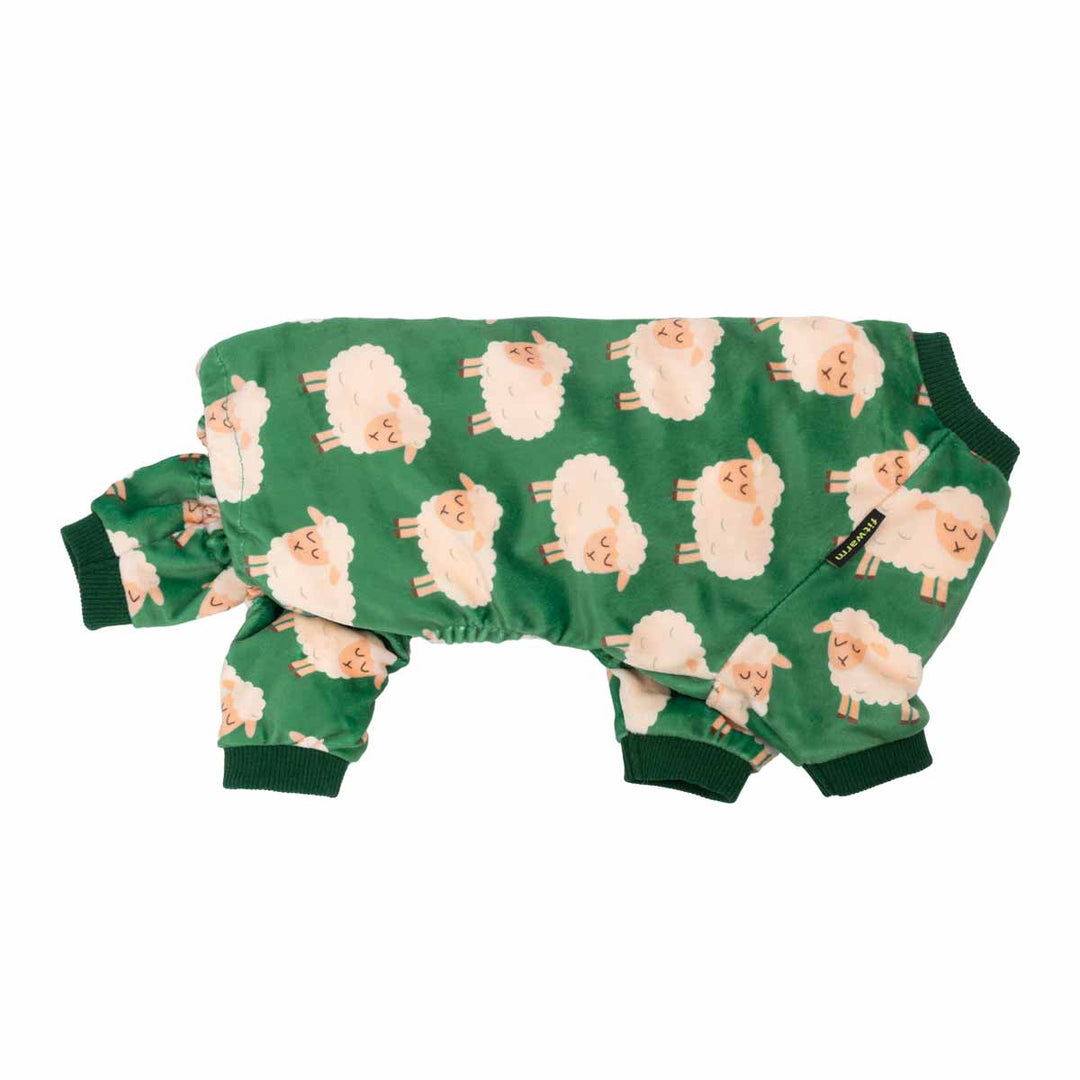Green dog pajamas with white sheep print, soft polyester spandex onesie for small pets.