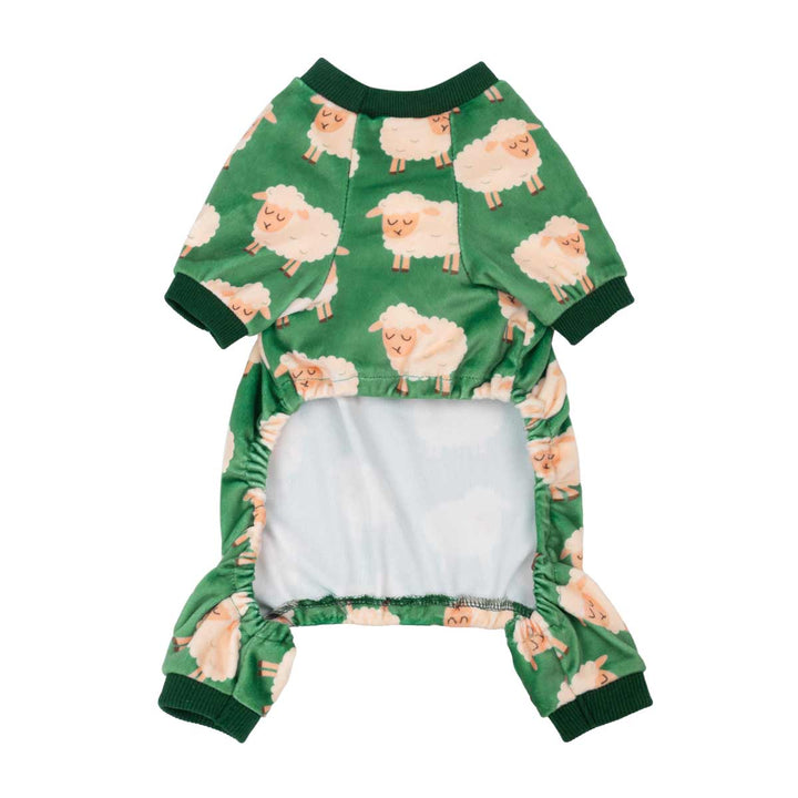 Green dog pajamas with cute white sheep print, cozy polyester spandex onesie for small pets.