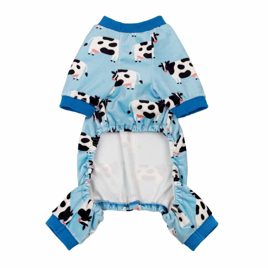 Blue dog pjs with milk cow prints in a white background