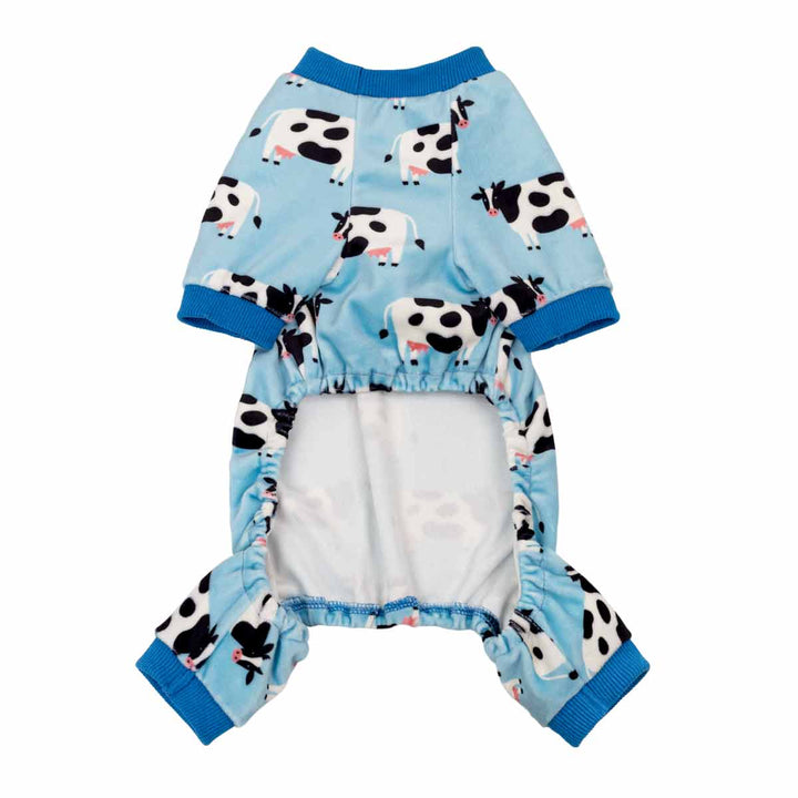 Blue dog pjs with milk cow prints in a white background