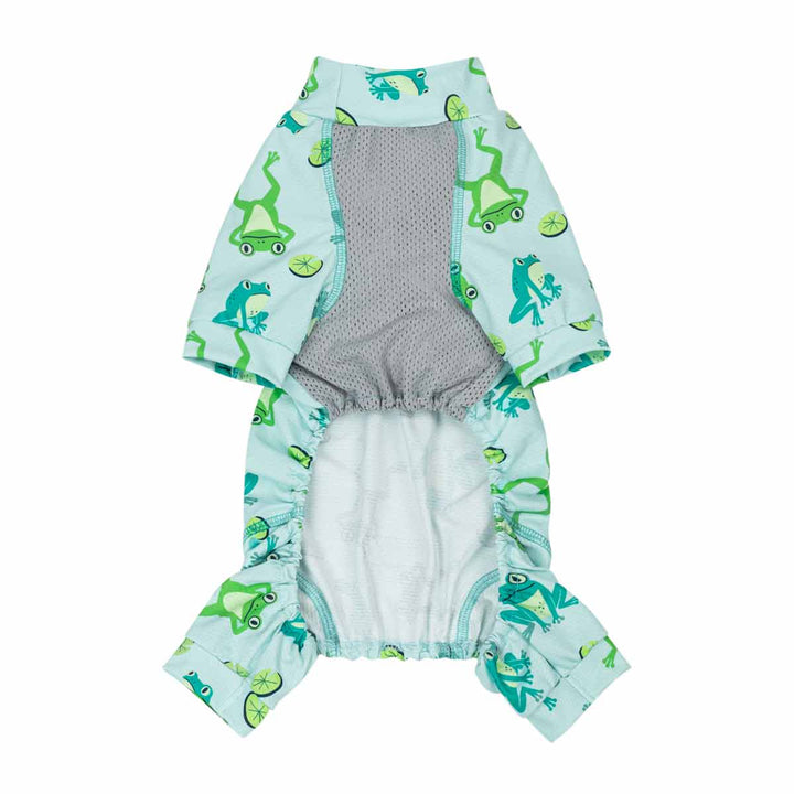 Summer dog uv jumpsuit design with frog prints and mesh fabric