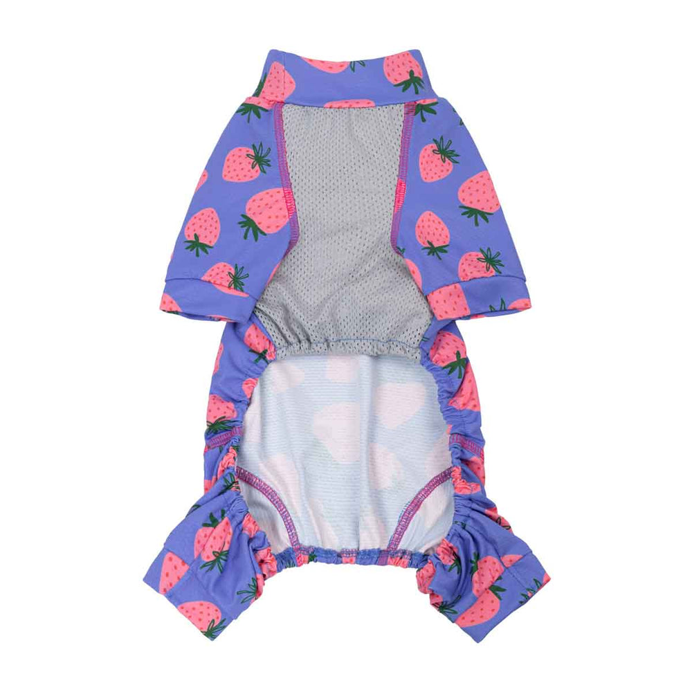 Lightweight UPF 50+ dog jumpsuit with pink strawberry prints