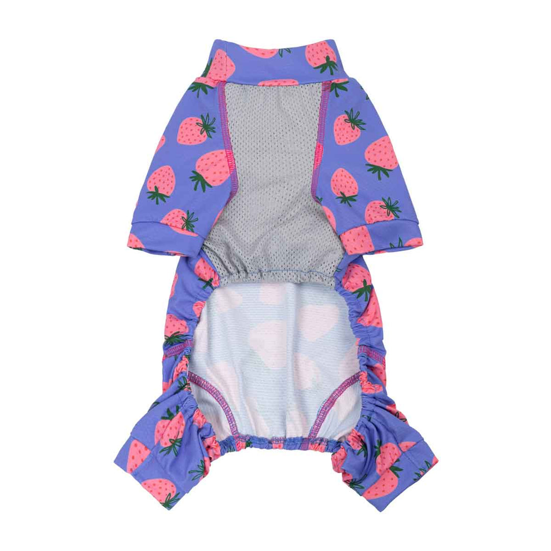Lightweight UPF 50+ dog jumpsuit with pink strawberry prints