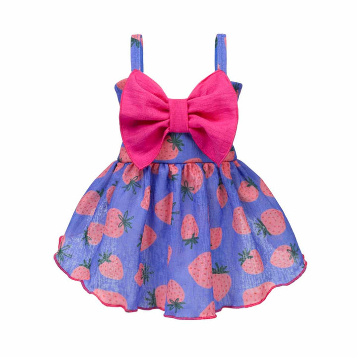 Summer dog dress with a big bow and strawberry prints