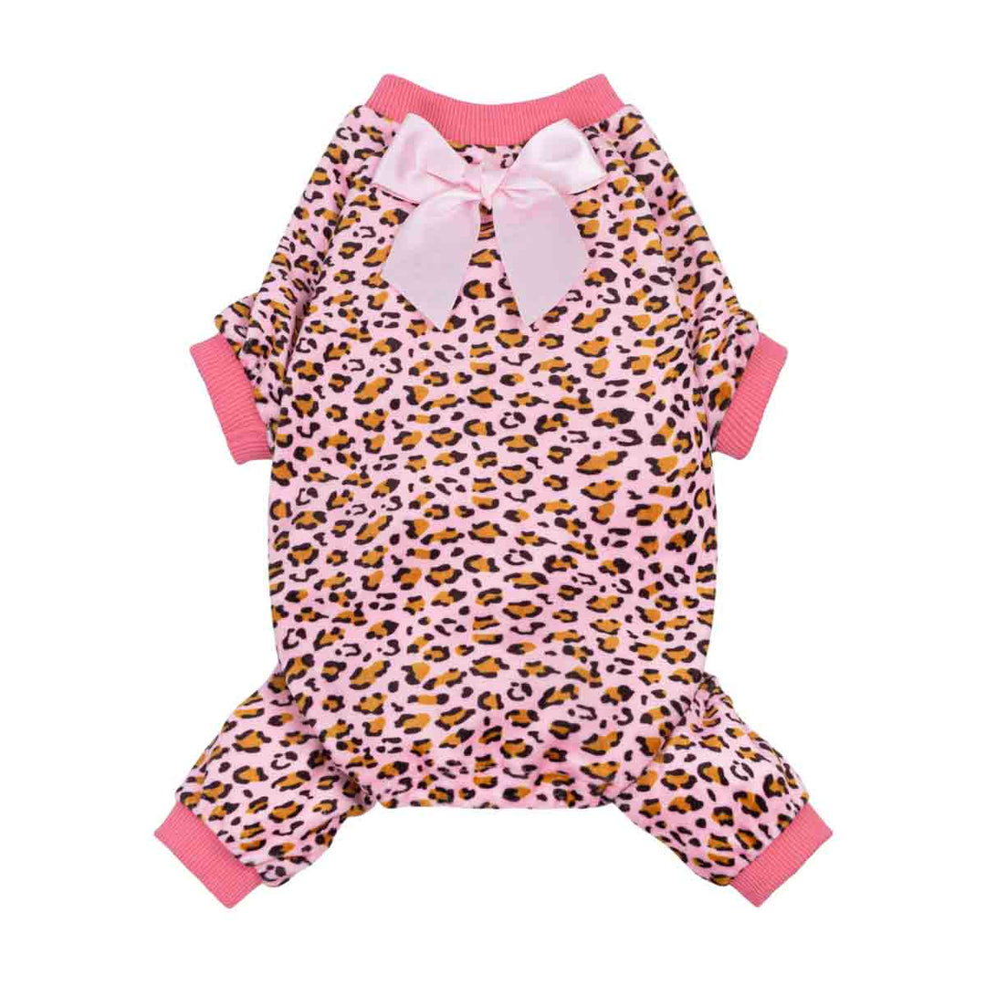 Pink leopard pajamas for dogs with bow detail, soft and breathable material, for comfort