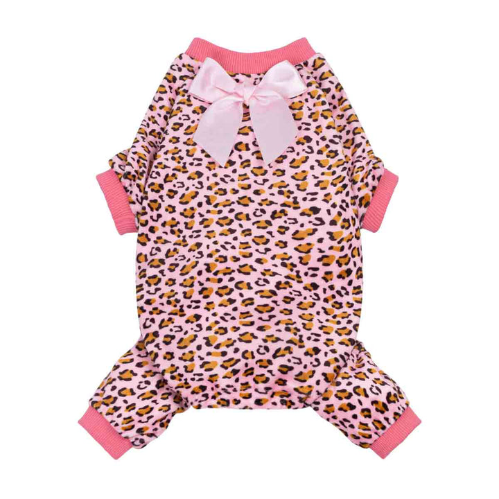 Pink leopard pajamas for dogs with bow detail, soft and breathable material, for comfort