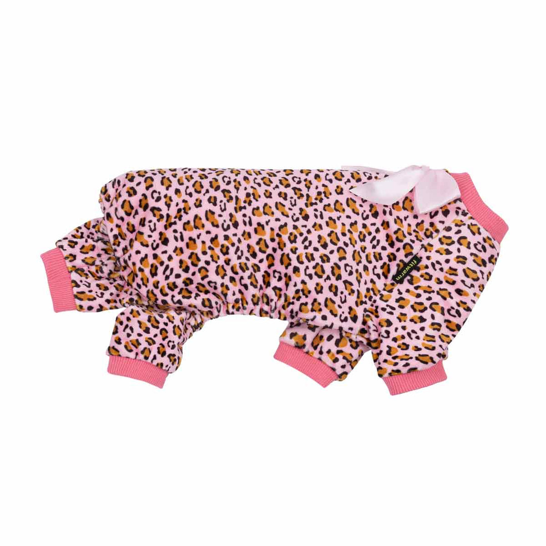 Fitwarm pink leopard dog pajamas with bow, soft and breathable sleepwear