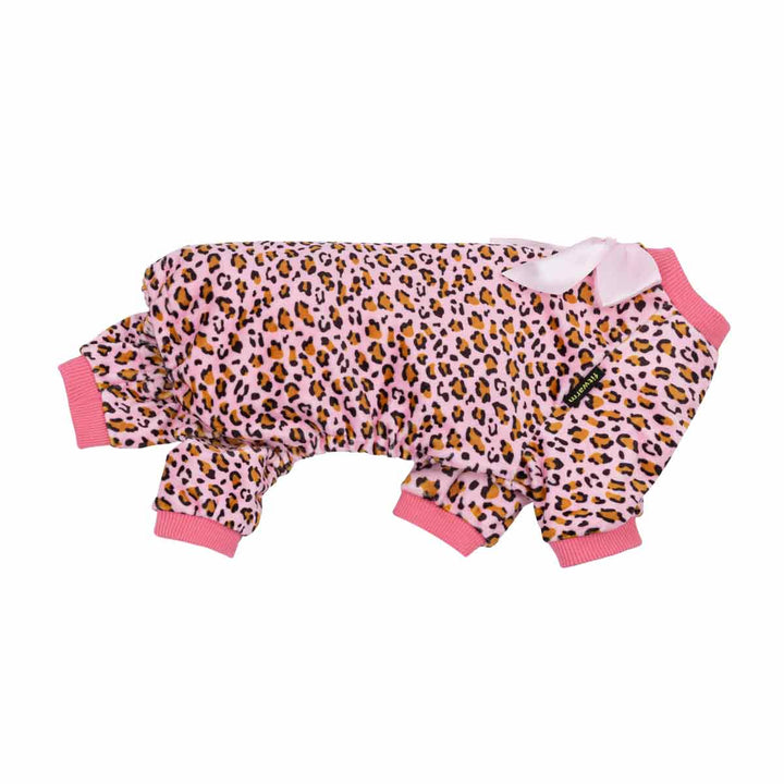 Fitwarm pink leopard dog pajamas with bow, soft and breathable sleepwear