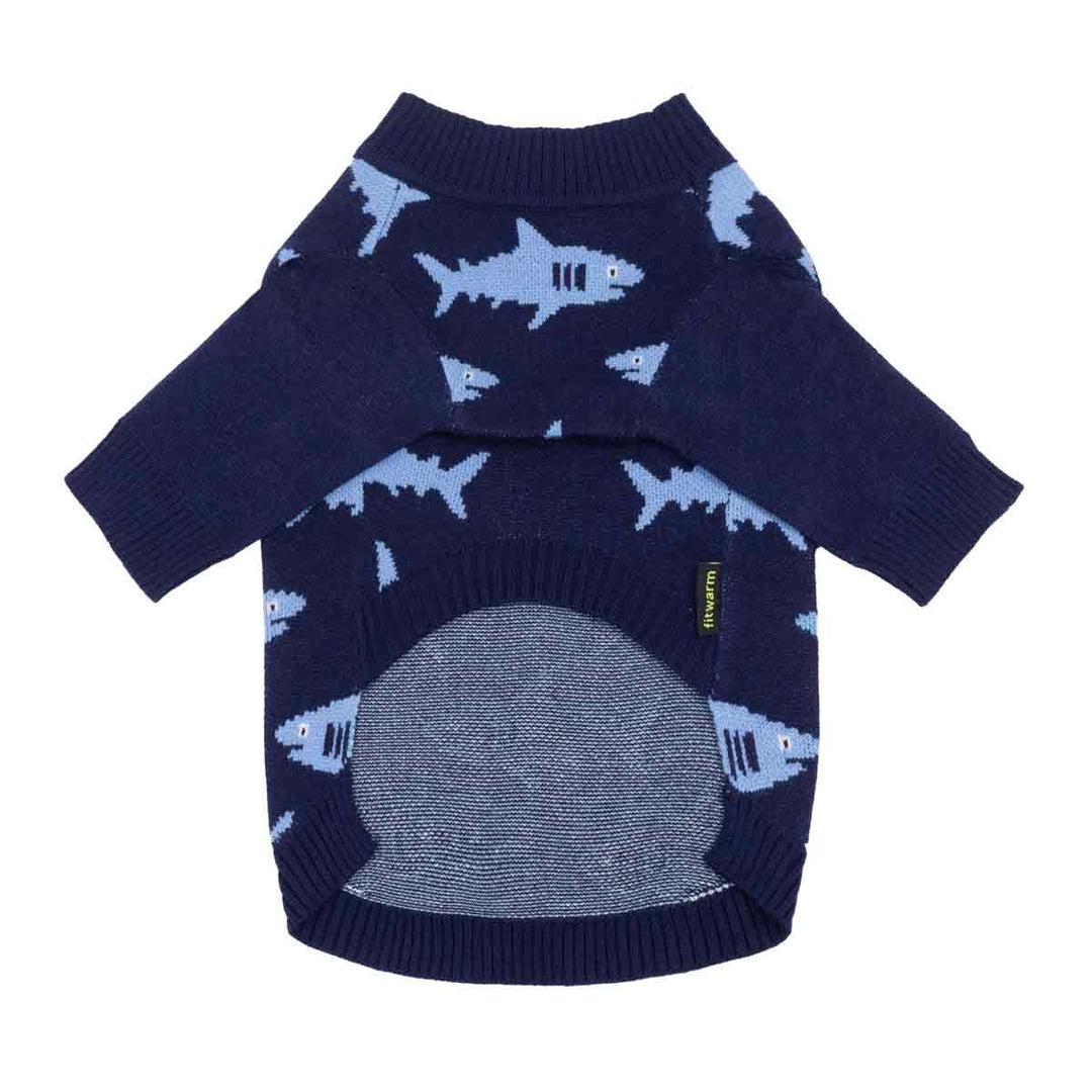 Knitted dog sweater with a light blue shark pattern and a gray knit belly panel, shown flat on a white background