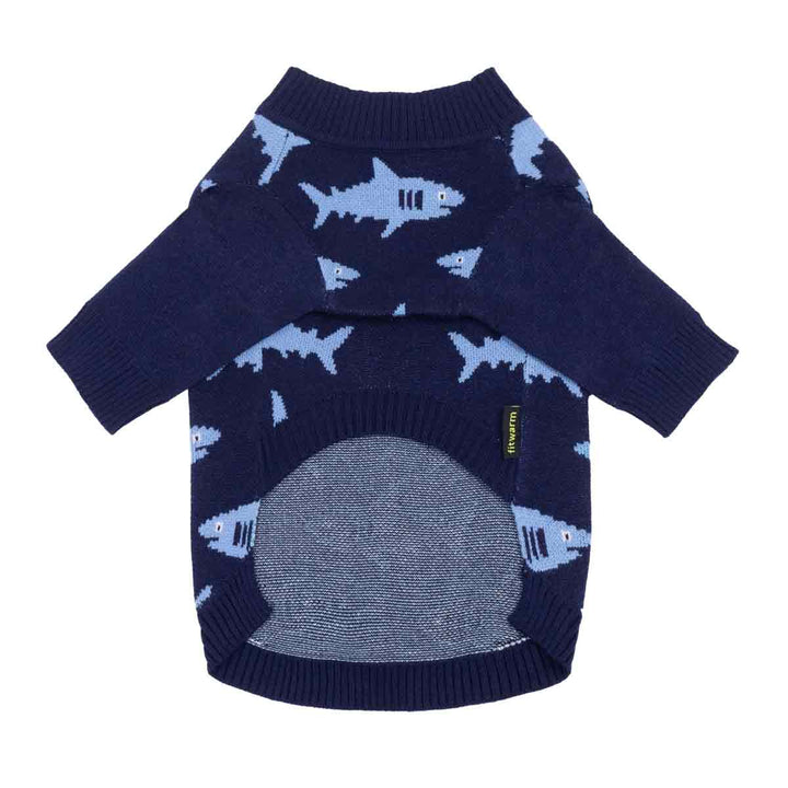 Knitted dog sweater with a light blue shark pattern and a gray knit belly panel, shown flat on a white background