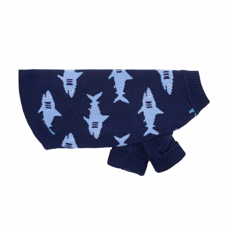 Navy blue dog knitted sweater featuring a light blue shark pattern, shown against a plain white background