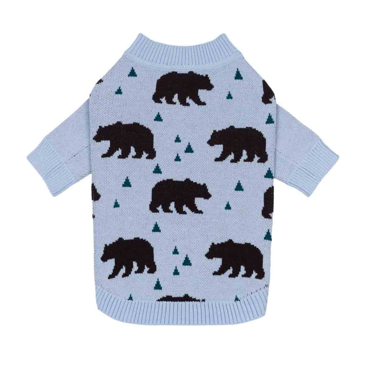 Winter dog knitted sweater with a pattern of dark brown bear and small dark green tree