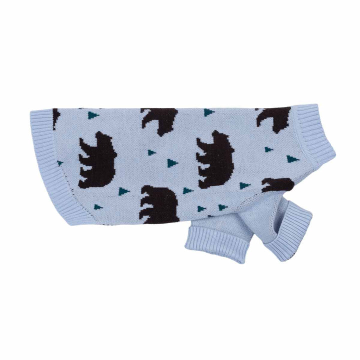 Winter sweater for dogs with a pattern of dark brown bear and small tree, featuring ribbed cuffs and collar