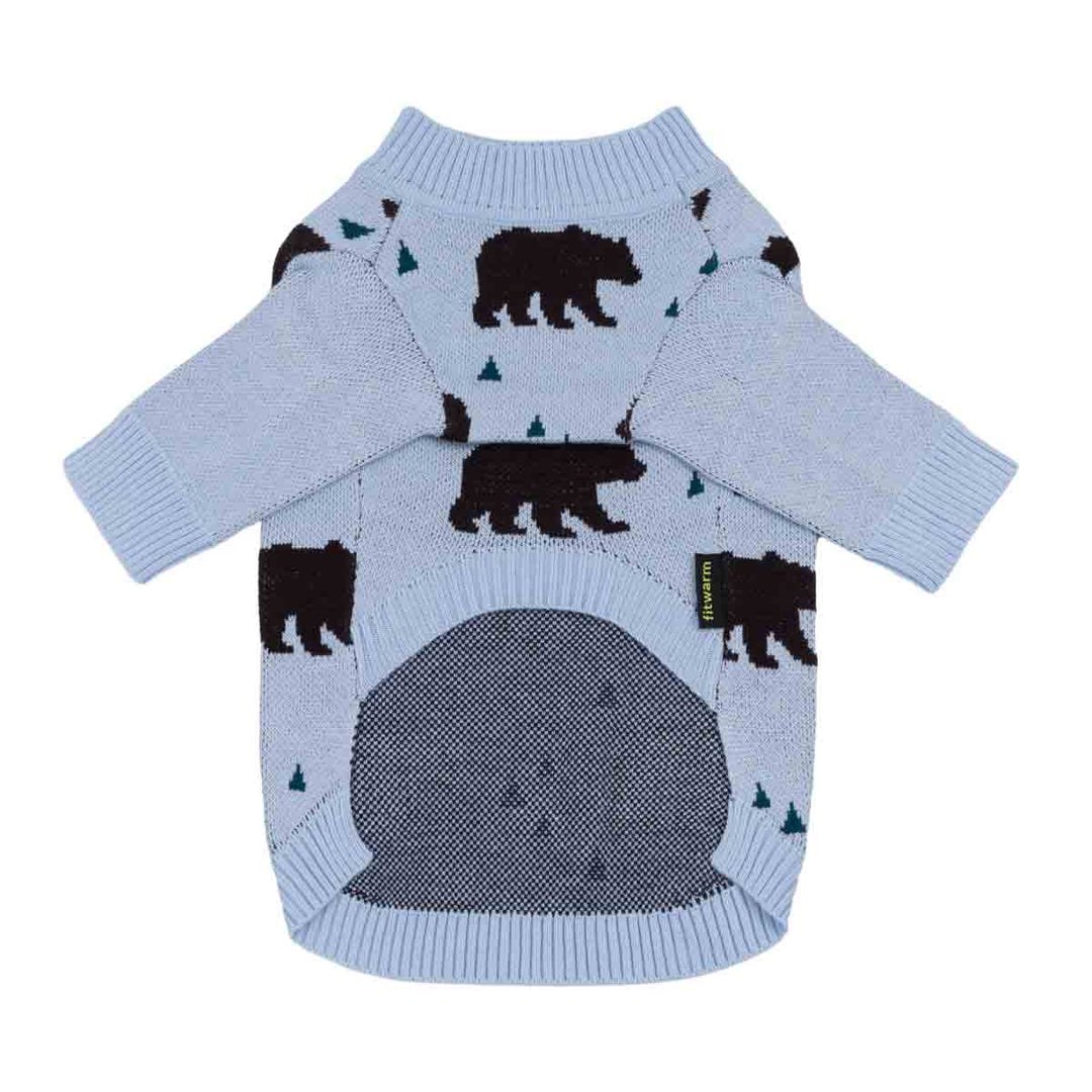 Light blue dog knitted sweater with a pattern of black bears and small dark green tree, featuring a dark gray knit belly panel and ribbed cuffs and collar