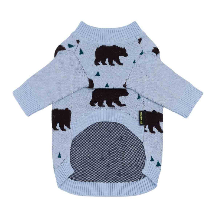 Light blue dog knitted sweater with a pattern of black bears and small dark green tree, featuring a dark gray knit belly panel and ribbed cuffs and collar