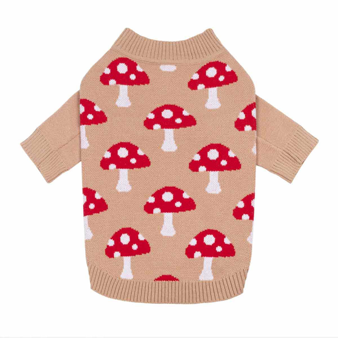 Beige knitted sweater for dogs with a red and white mushroom pattern, featuring long sleeves and ribbed collar, cuffs, and hem, shown on a plain white background