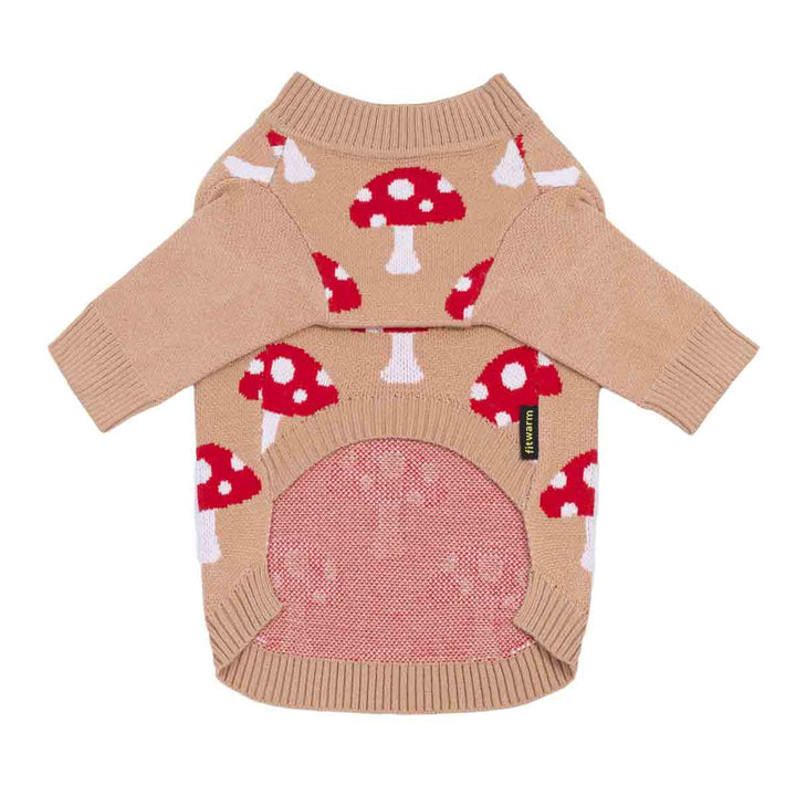 Cozy dog jacquard sweater designed with red and white mushroom prints