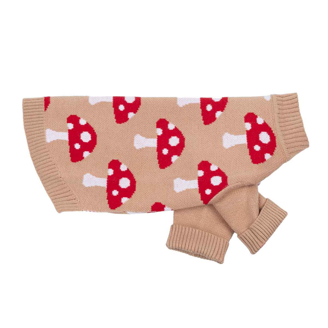 Winter dog knitted sweater with a repeating red and white mushroom pattern, shown flat against a solid white background