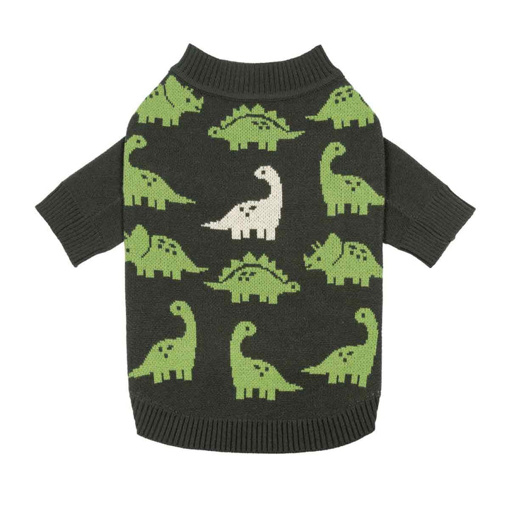 Cozy sweater for dogs with a olive base featuring a pattern of green and white dinosaurs, shown flat against a white background