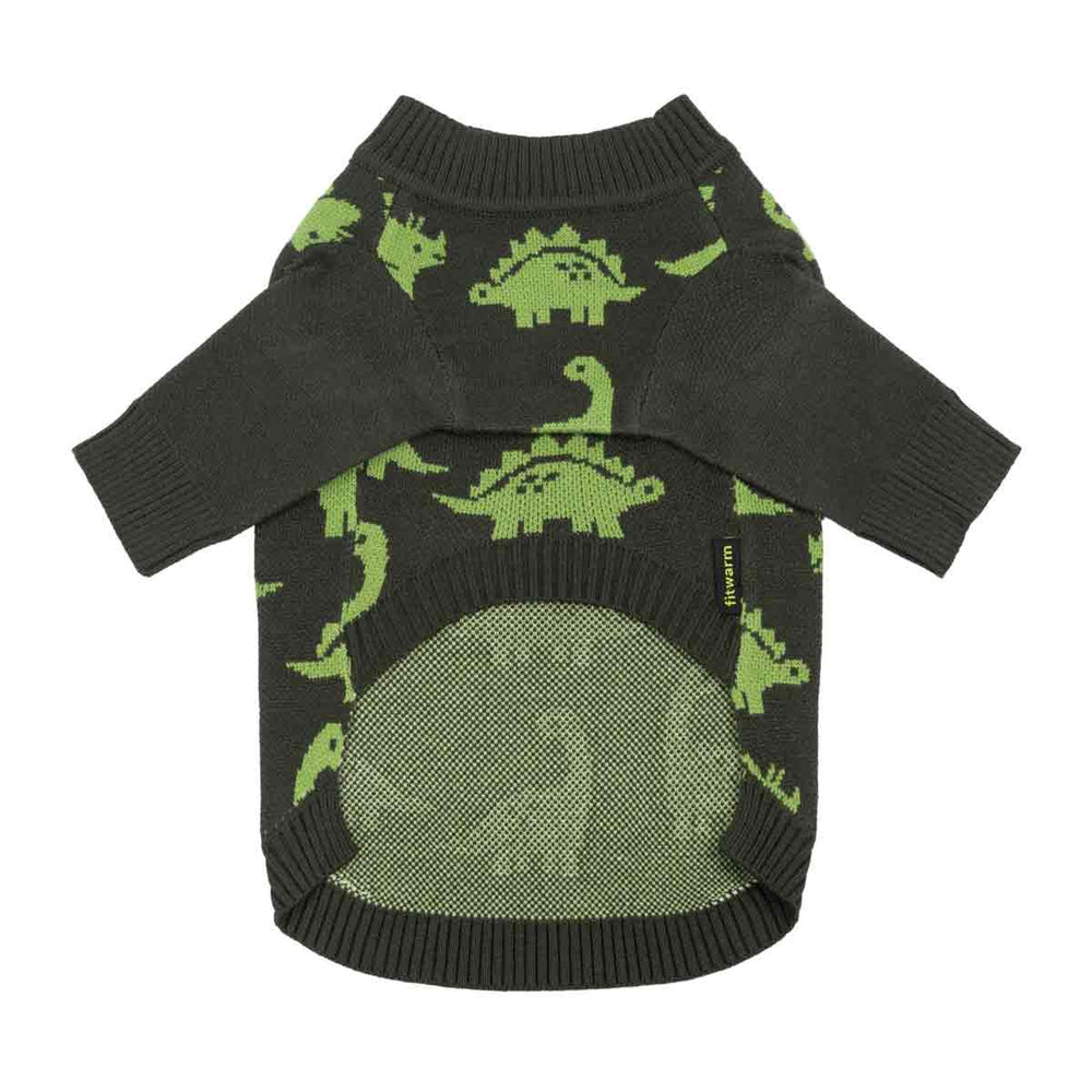 Knitted dog sweaters with a green dinosaur pattern and a mesh ventilation panel, shown flat on a white background