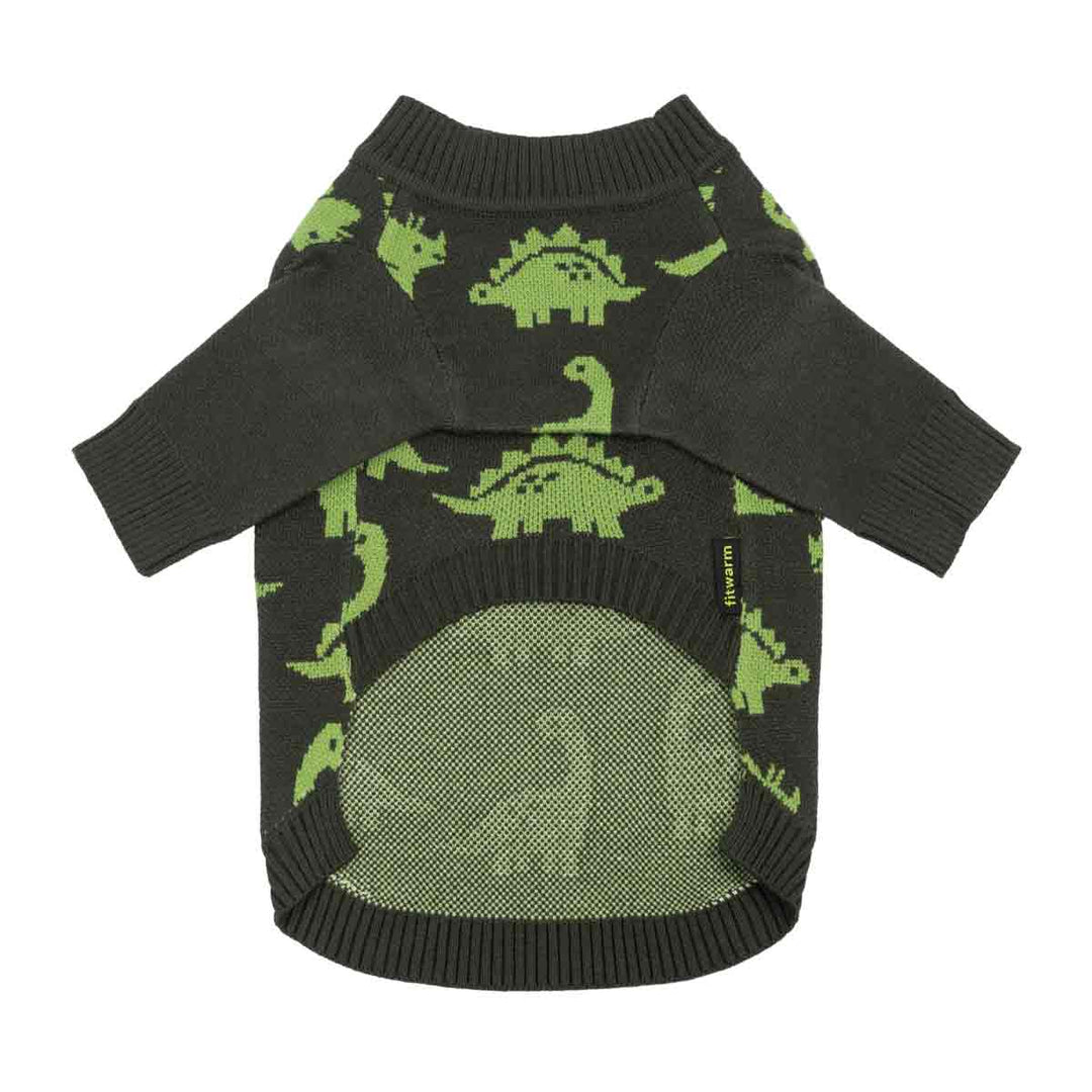 Knitted dog sweaters with a green dinosaur pattern and a mesh ventilation panel, shown flat on a white background