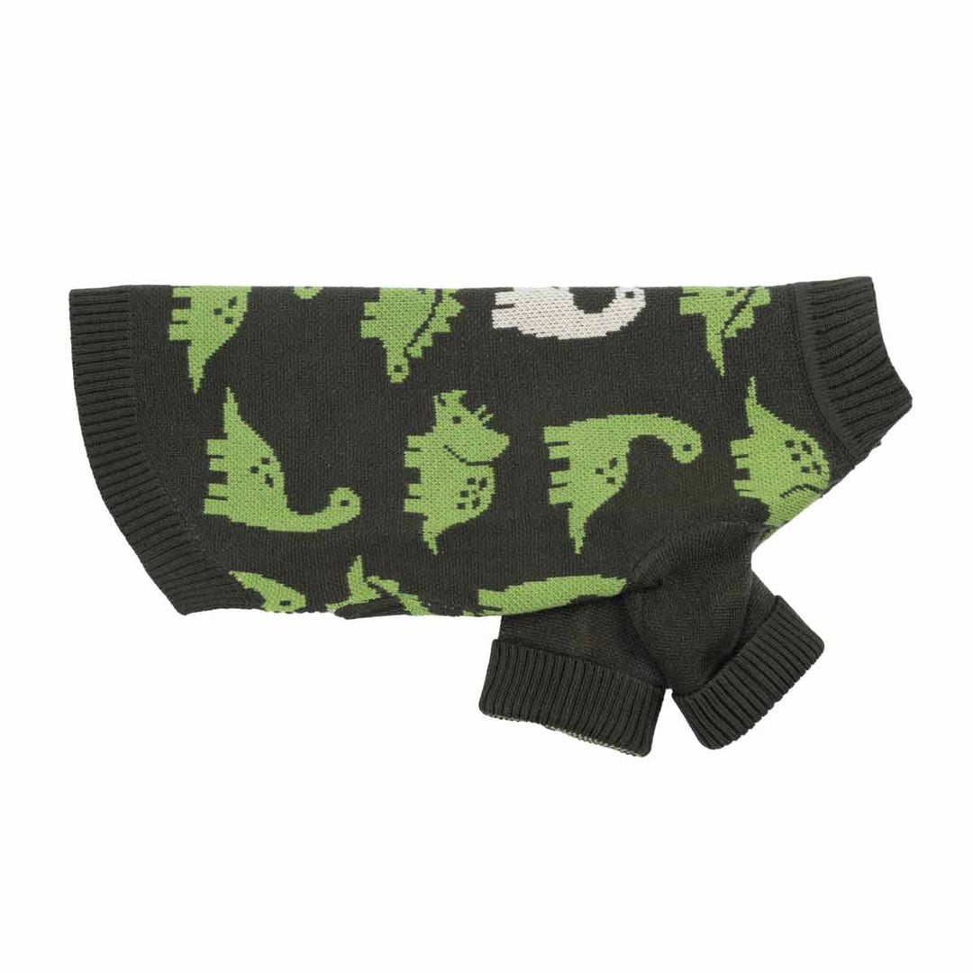 Winter dog knitted sweater with a olive background and a green dinosaur pattern, featuring ribbed cuffs and collar, shown on a plain white background