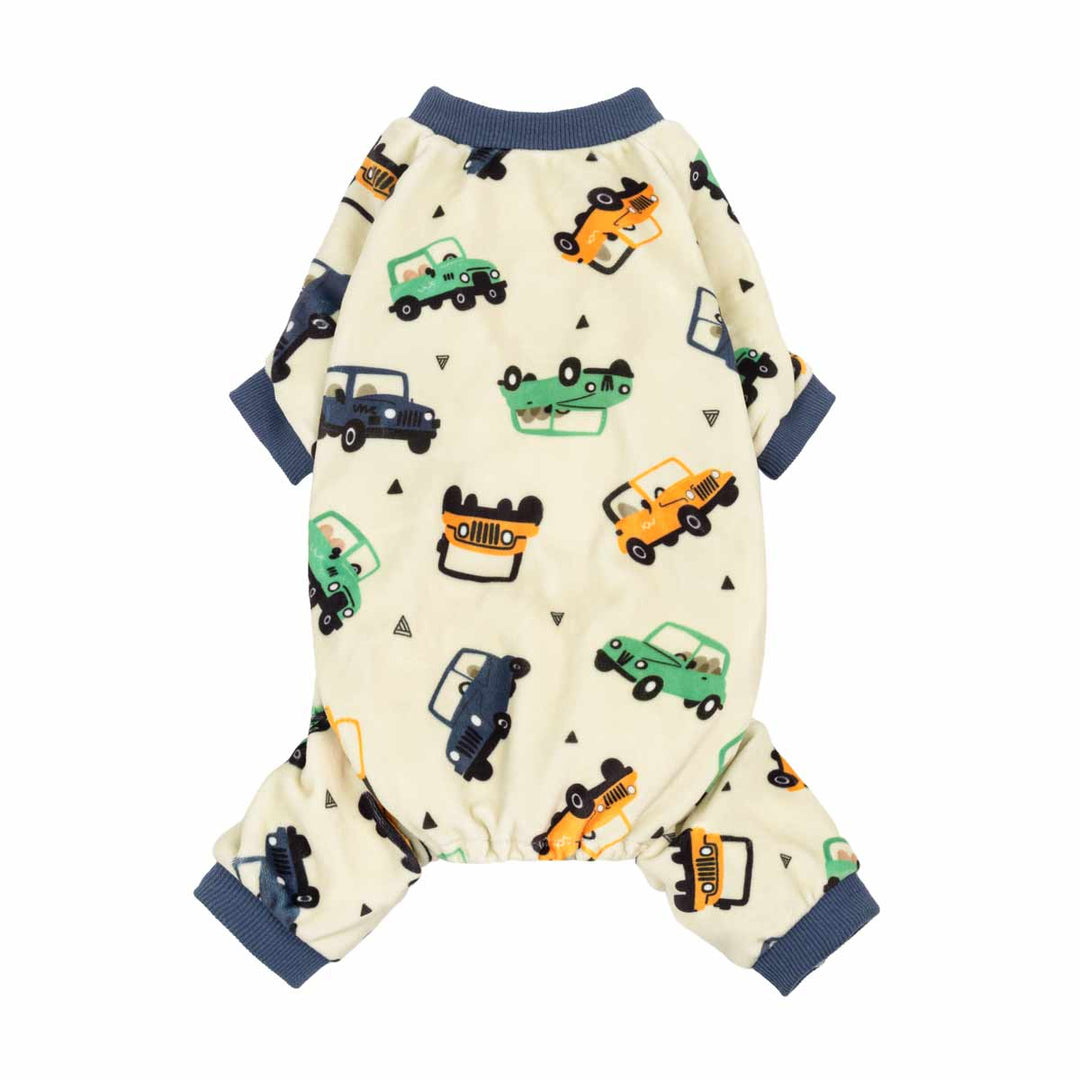 Funny dog pajamas with car pattern on a white background
