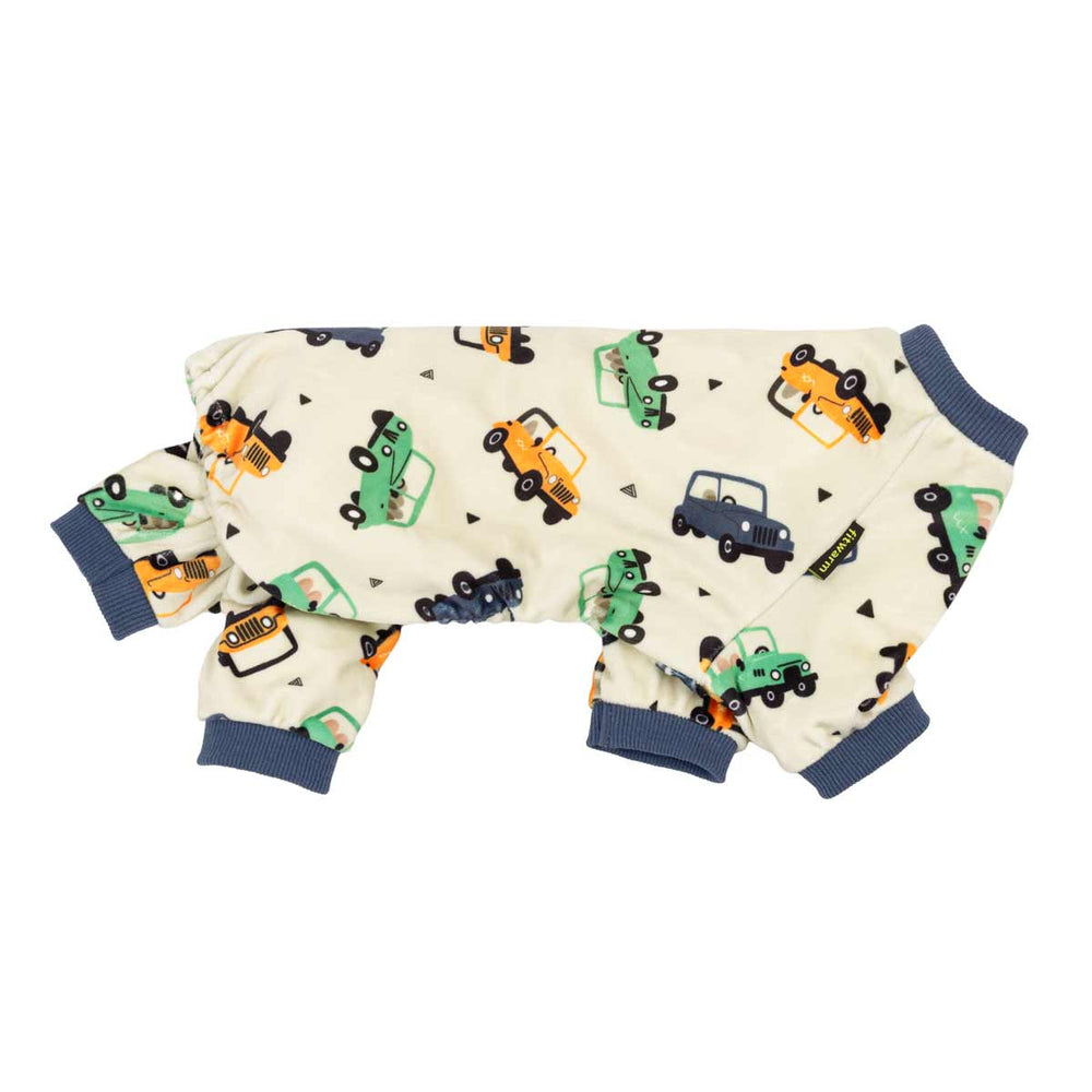 Side view of dog pjs in adorable car prints