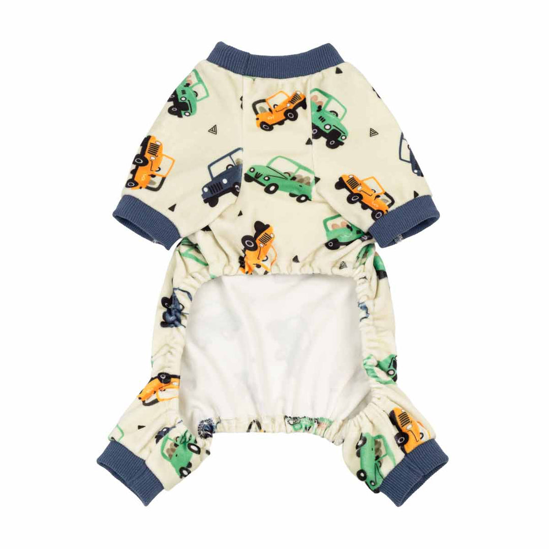 Cozy pajamas for dogs with car pattern on a white background