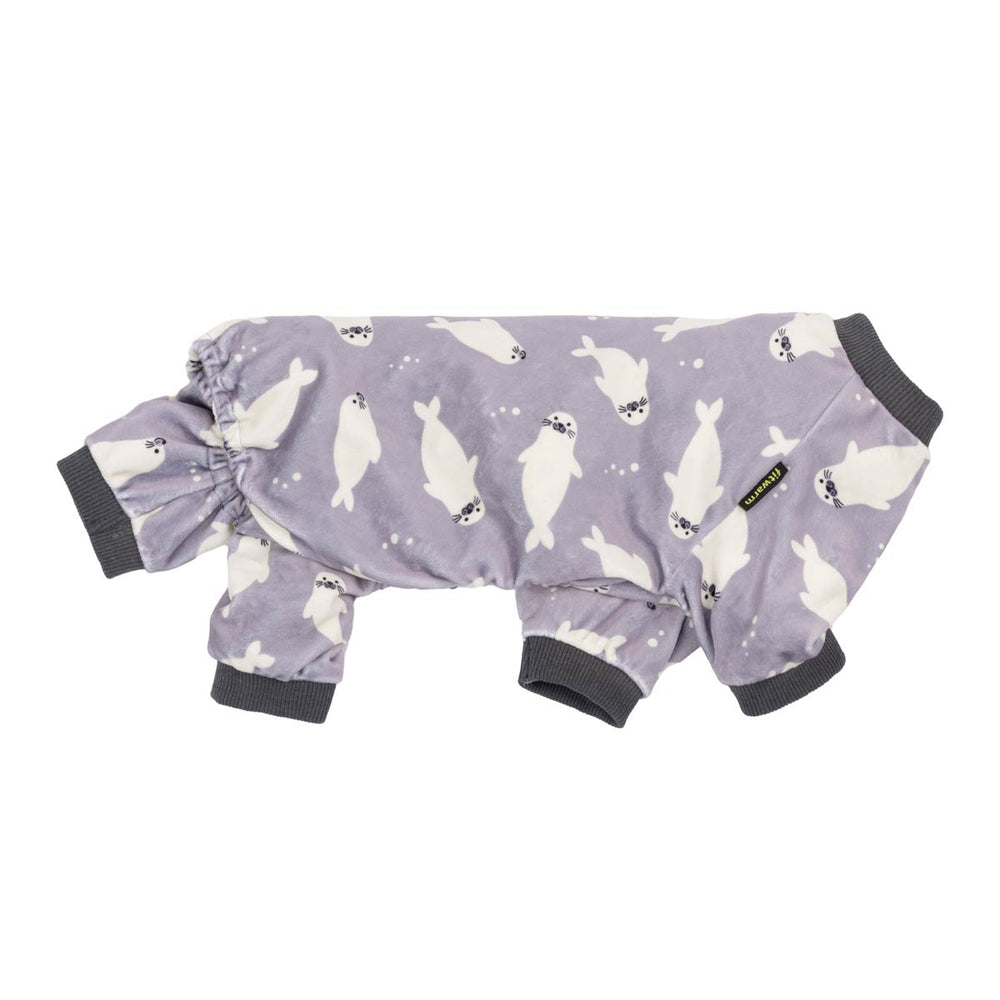 Cozy dog onesie with seal pattern on a white background