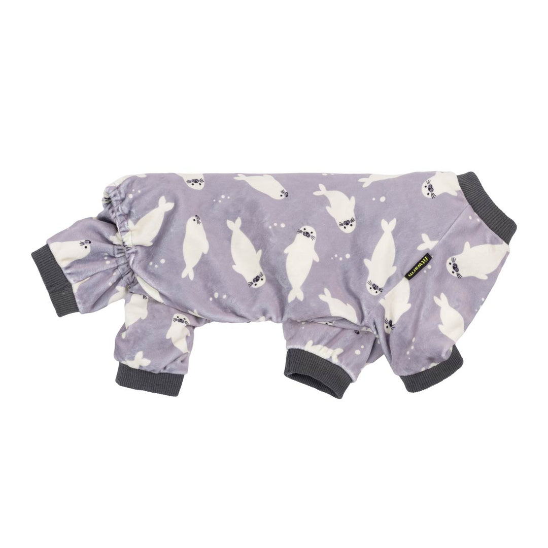 Cozy dog onesie with seal pattern on a white background