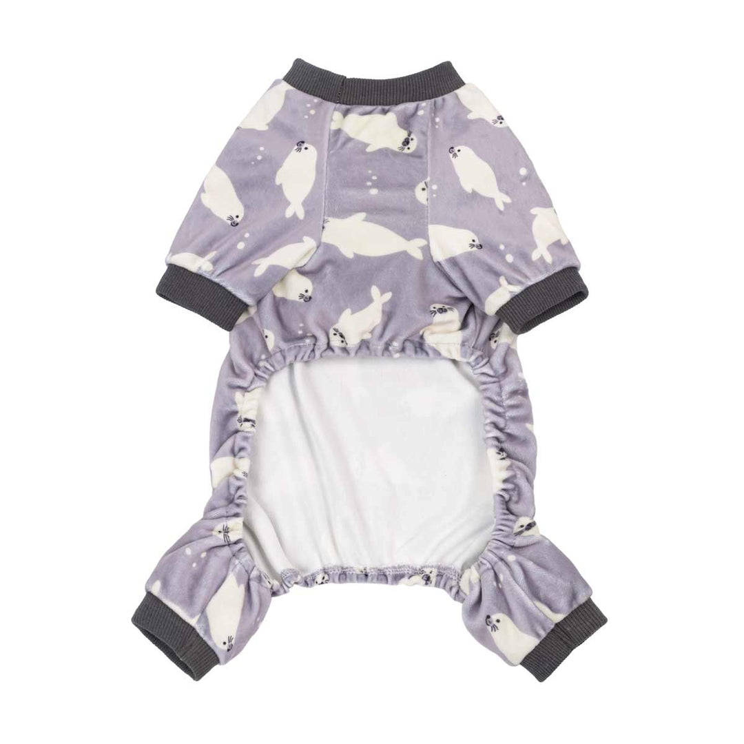 Winter pajamas for dogs with white seal pattern on a light purple base