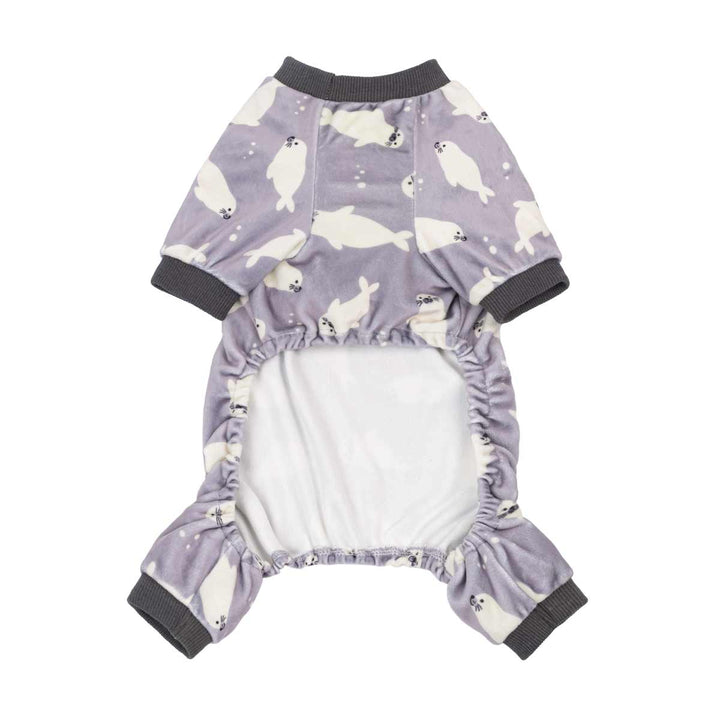 Winter pajamas for dogs with white seal pattern on a light purple base