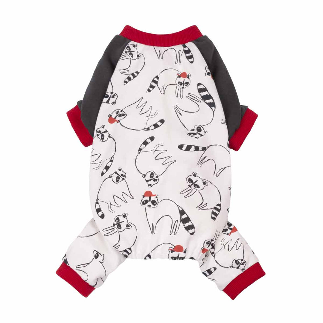 Soft dog onesie with raccoon pattern on a white background