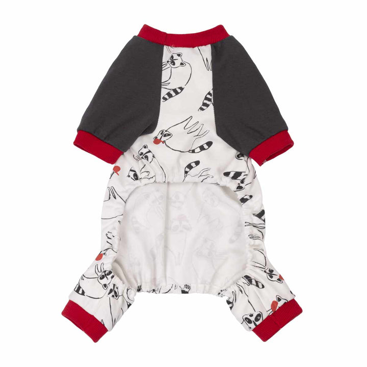 Dog fleece pjs with black and white raccoon prints on a white background